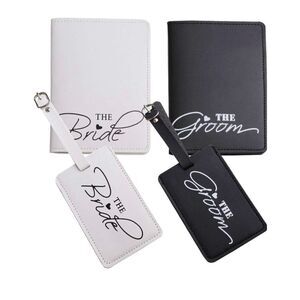 2 Pcs Bride and groom luggage tags + 2 Pcs passport cover, couple passport holde